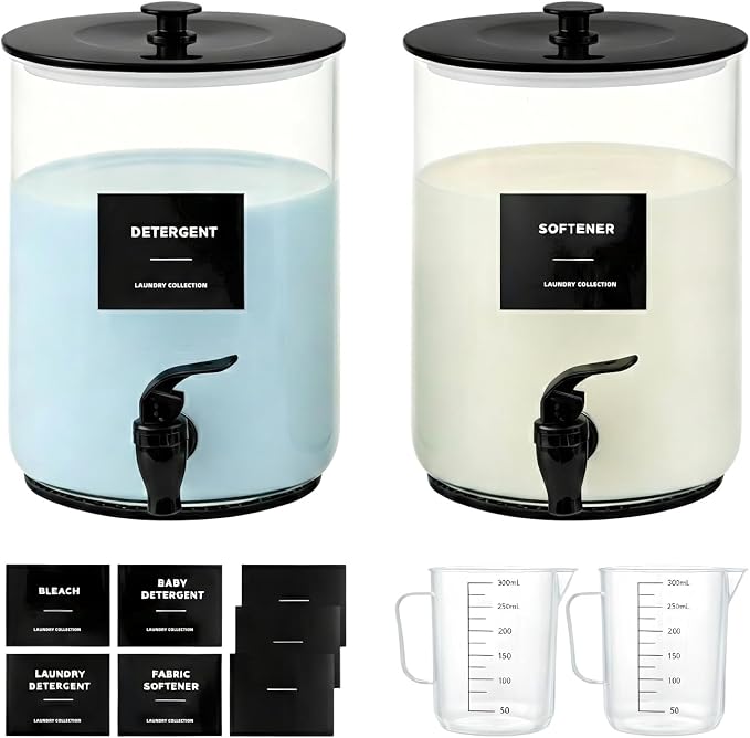 Glass Laundry Detergent Dispenser,1 Gallon Large Liquid Soap,2 Pack(Black) | Complete borosilicate jars set with leakproof spigots, protective silicone mats, minimalist labels, and dosing cups.