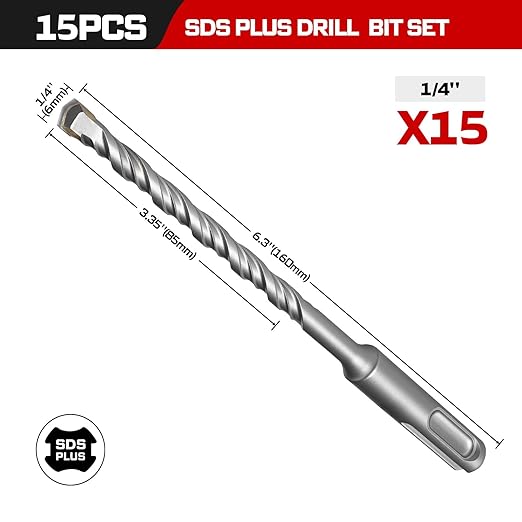 GEINXURN 15 PCS 1/4” x 6" Double Thread Rotary Hammer Drill Bits, Masonry Drill Bits Tool Set Carbide Tipped, Drilling in Brick, Stone and Concrete, Cement Walls