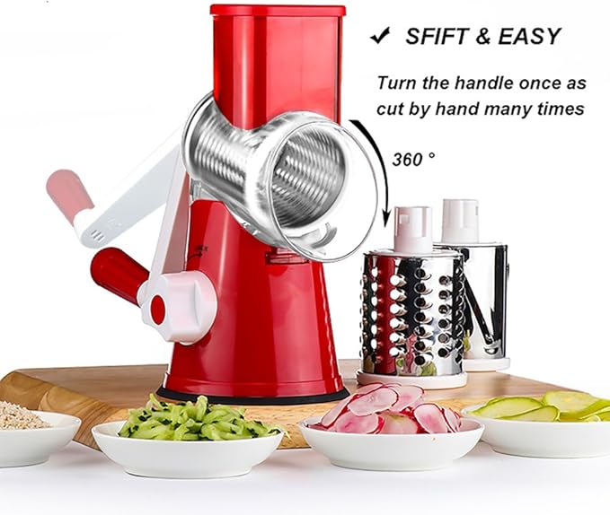 Cambom Rotary Cheese Grater Hand Crank Cheese Shredder for Fresh Cheese, Vegetable, Nuts,Non-slip Suction Base，Three Blades,Red