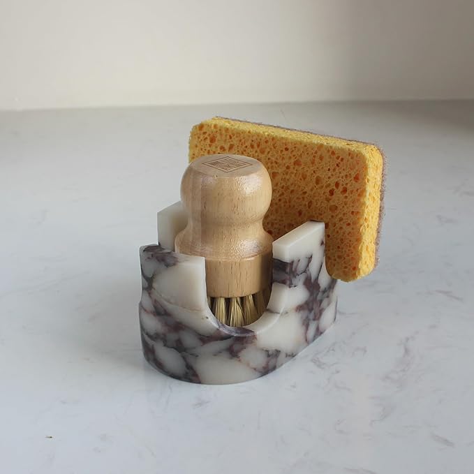 Nawgnail Natural Travertine Marble 2-Slot Sponge Holder for Kitchen Counter, 2-in-1 Stone Drying Rack, Sponge Caddy for Sink Organizer - Calacatta Viola Marble