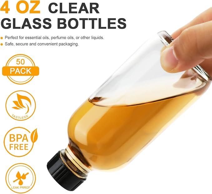 Small Clear Glass Bottles with Lids, 4 oz Glass Containers with Labels, Funnels and Brushes, Round Sample Bottles for Juice, Oils, Ginger Shots, Whiskey, Liquids, 50 Pack
