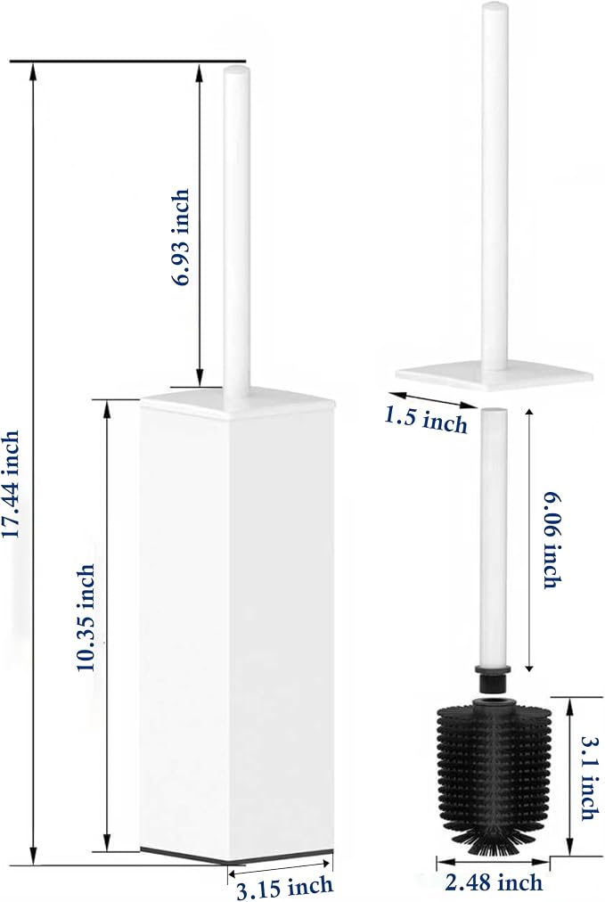 RUACQ Toilet Brush and Holder Set,Square Toilet Bowl Brush for Bathroom with 304 Stainless Steel Handle Toilet Cleaner Brush with Durable Scrubbing Bristles,Splash-Proof (White)