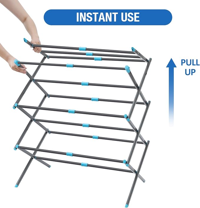 APEXCHASER Oversize Clothes Drying Rack, 3-Tier Drying Rack Clothing, Expandable Metal Laundry Drying Rack, Air Drying Rack, No Install, 24lb Capacity, 14.9" D x 29.3" W x 39.3" H, Graphite