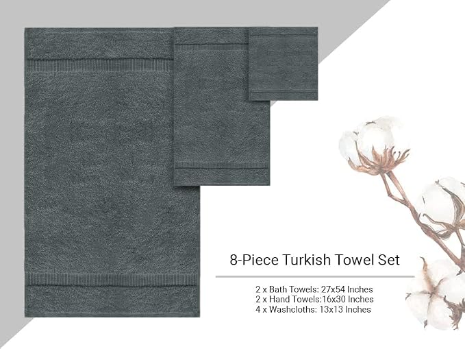 Towel Bazaar 8-Piece Towel Set, 100% Premium Cotton Turkish Towels,Luxury Towel Super Soft and Absorbent, Perfect Use for Bathroom, Shower Towels - Dark Gray