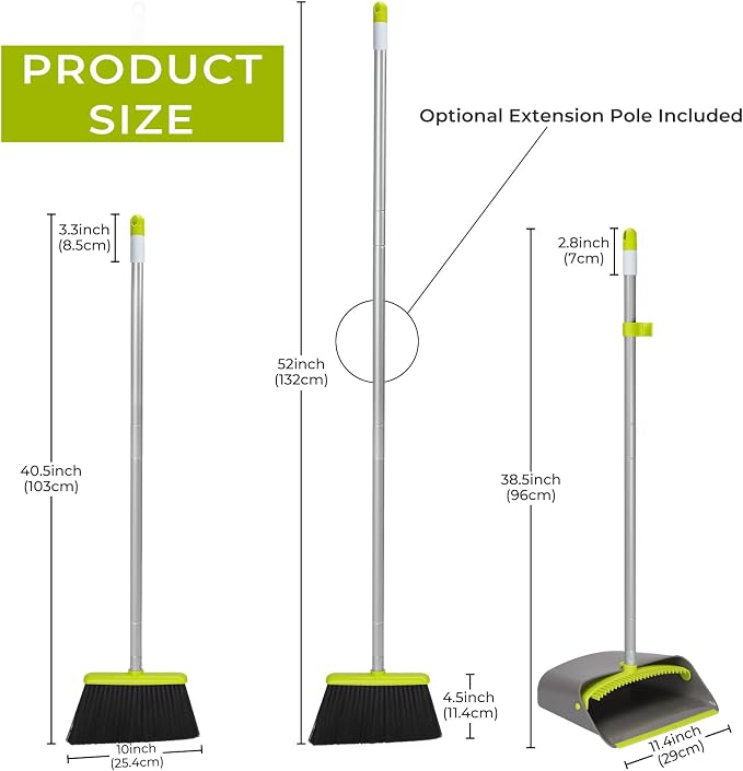 Broom and Dustpan Set with Long Handle 52", Standing Broom and Dust Pan Set for Home Kitchen Room Office Lobby Green