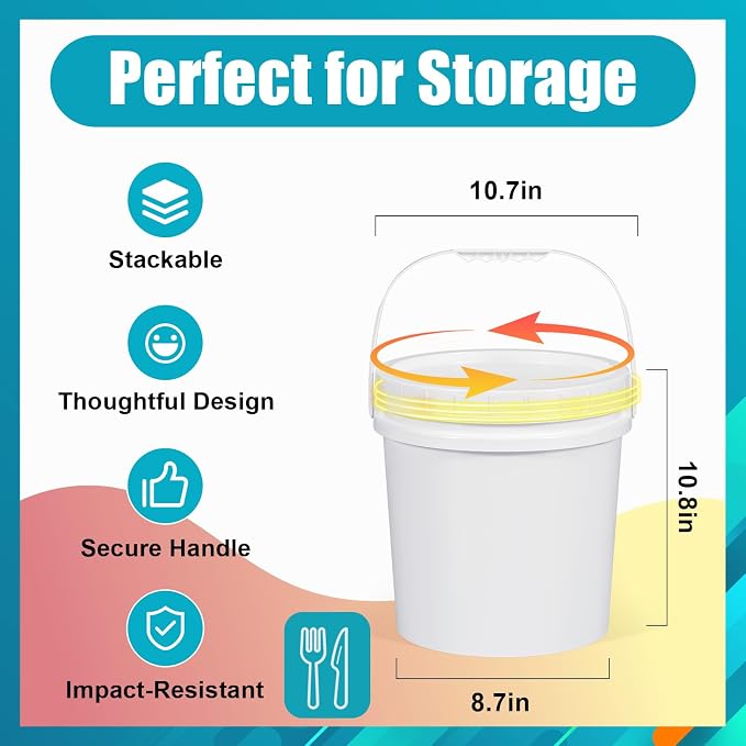 2.6 Gallon Plastic Bucket with Screw Lid 3 Pack - Food Grade Small Storage Bucket for Water, Food, Paint, Cleaning Supplies (BPA-Free, Stackable)