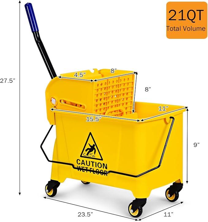 ARLIME Commercial Mop Bucket with Wringer, 21 Quart Capacity Portable Wringer Trolley, Side Press Floor Cleaning Wavebrake w/Handle, Small Mop Bucket on Wheels for Home, Industrial, Yellow | Portable Wringer Trolley, Side Press Floor Cleaning Wavebrake...