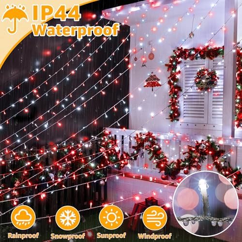 Ollny Christmas Lights Outdoor 800LED 262FT, Red and White Plug in Timers