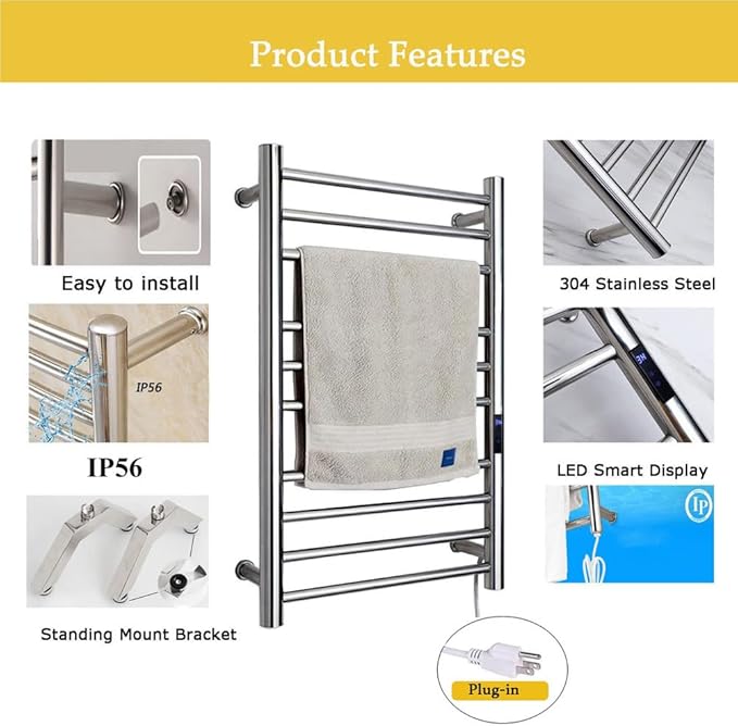 Heated Towel Rack Plug-in,Free Standing & Wall Mounted Dryer Rack Stainless Steel,Radiator 10 Bars Hot Towel Warmer with Built-in Timer,Silver