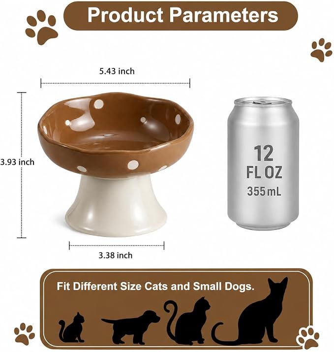 Brown Mushroom Cat Bowl, Elevated Ceramic Bowl for Cats | Cute, Elevated, Ceramic, Whisker Friendly, Dishwasher Safe