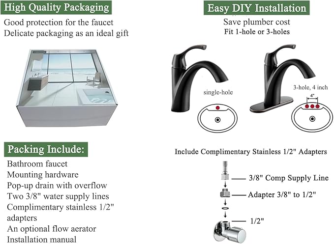 Bathroom Faucet Oil Rubbed Bronze, Single Handle Bathroom Sink Faucet for 1 Hole with 3 Holes Deck Plate, Lavatory Vanity Faucets, Pop Up Drain and Water Supply Lines Included, TAF206-ORB