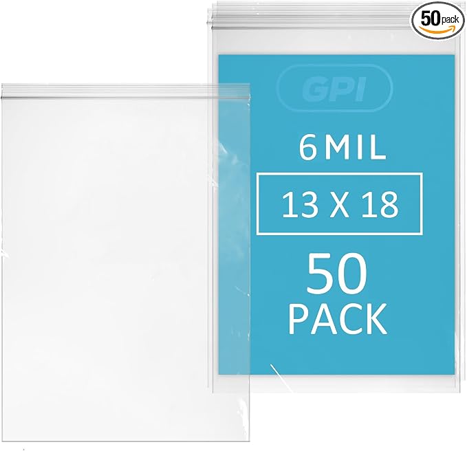 GPI - 13" x 18" Extra Large Reclosable Zip Bags, 6 Mil Extra Heavy-Duty - Pack of 50 - Clear Plastic Zipper Lock Bags, Resealable Poly Baggies For Clothing, Tools, Sharp Objects, Packaging & Storage.