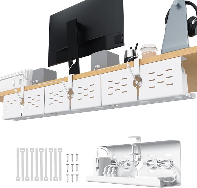 KEEGH 16" Under Desk Cable Management Tray, No Drill Clamp Mount, Extra Large Desk Cord Organizer Upgrade Capacity, Cord Management Tray for Home Office, Gaming Desk, Standing Desk,White, 3 Pack