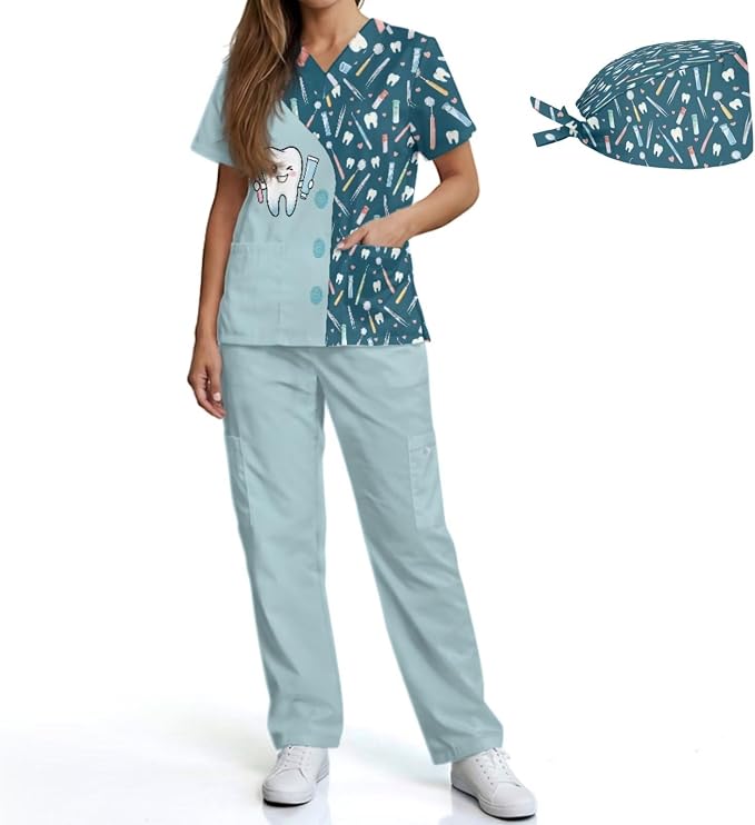 Gomyblomy Women's Scrubs Suit 3-Piece Set | Teeth Print V-Neck Top & Pants & Cap, Breathable and Stretch Fabric, S-5XL