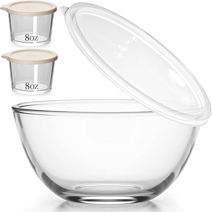 Large Glass Bowl for Sourdough Bread Making with Lid, 5Quart Deep Big Glass Bowl Large Salad Bowl with 8oz Small Bowls (clear)