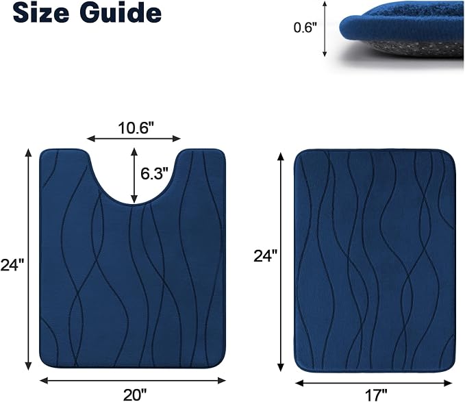 YIHOUSE Bathroom Rugs Set 2 Piece, Memory Foam Bath Mat Navy Blue | U Shaped+Small Mat, Ultra Soft, Absorbent, Non-Slip, Machine Washable, for Bathroom, Sink and Toilet