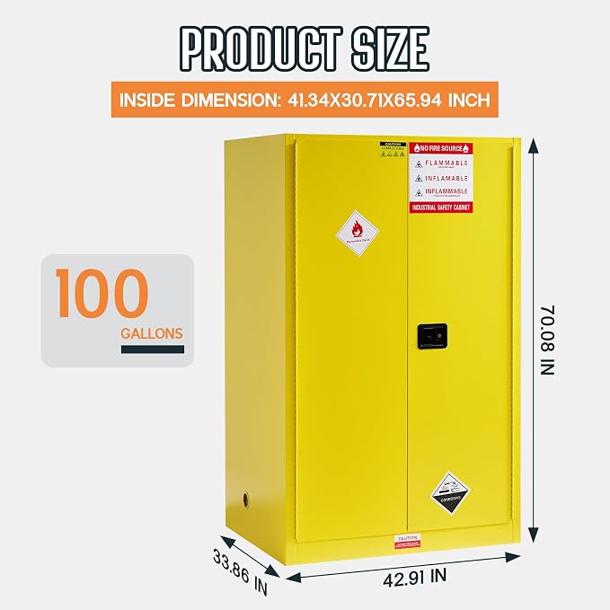 SPECRAFT 100-Gallon Flammable Safety Cabinet | 70 x 43 x 34 In, Cold-Rolled Steel, Adjustable Shelves, OSHA and CE Certified, for Industrial, Commercial and Lab Use