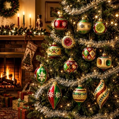 12 Pcs Vintage Glass Christmas Ornament Reflector Decor, Classic