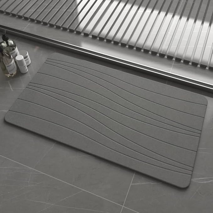 Extra Large Stone Bath Mat, 30'' x 17'' Diatomaceous Earth Non-Slip Stone Shower Mat, Super Absorbent Diatomite Stone Mats for Bathroom Dark Gray XL Flow