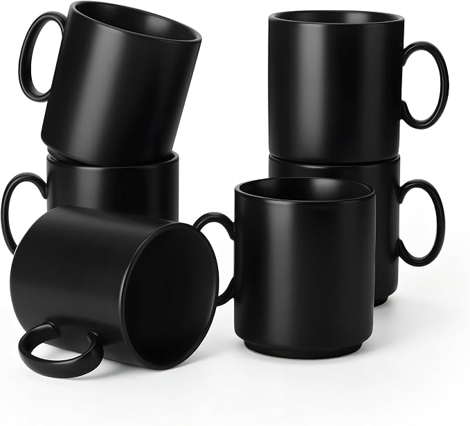 vancasso Porcelain Coffee Mugs Set of 6, 12 Oz Black Coffee Cups for Latte, Cappuccino, Tea & Hot Cocoa, Sleek Modern Café Style for Home, Office & Coffee Bar, Microwave & Dishwasher Safe