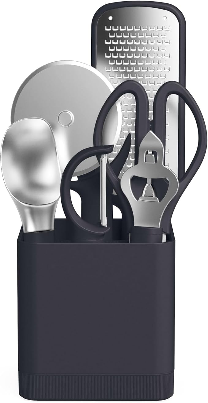 bella 7-Piece Modular Gadget Set, Grater, Pizza Cutter, Ice Cream Scoop, Peeler, Shears, Bottle Opener, Crock with removable divider, Dishwasher Safe, Slate