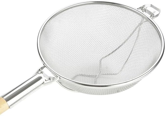 Soro Essentials- 14" Stainless Steel Double Fine Mesh Reinforced Strainer with Wooden Handle- Kitchen Utensil Food Strainer for Cooking Sieve Sifters Rice Quinoa Pasta Fruits Vegetable