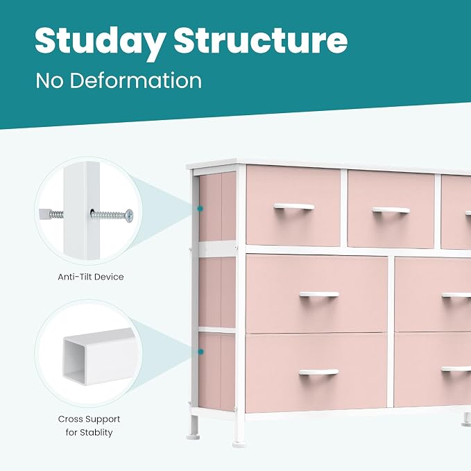 OLIXIS 7 Drawers Dresser for Bedroom, Fabric Storage Tower for Living Room, Entryway - Sturdy Steel Frame, Wooden Top and Easy Pull Fabric Bins, Closet Chests Organizer for Clothes,Pink