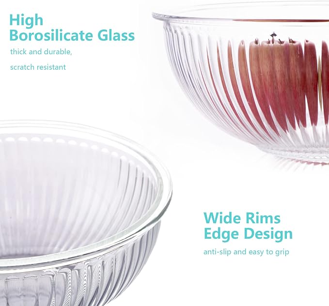 WhiteRhino Glass Mixing Bowls with Lids Set of 3(3.7QT, 2.1QT, 1.1QT),Large Kitchen Salad Bowls, Space-Saving Nesting Bowls, Clear Glass Serving Bowls for Cooking,Baking,Prepping,Dishwasher Safe