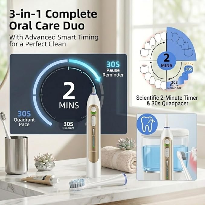 3-in-1 Electric Toothbrush with Water Flosser, Upgraded Flossing Toothbrush with 5 Speeds & 3 Modes, 30 Days/Charge for Teeth Cleaning and Plaque Removal, Sensitive Teeth & Dental Implants