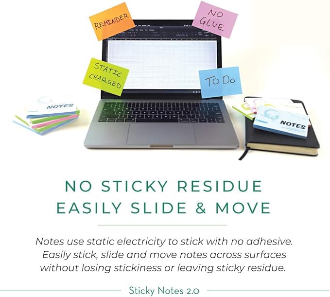 Self-Stick Notes 4x4 inch | Sticks to Any Surface Without Glue | Reusable White Dry Erase | 5 Pack, 500 Sheets (Assorted Colors, 4x4 inches)