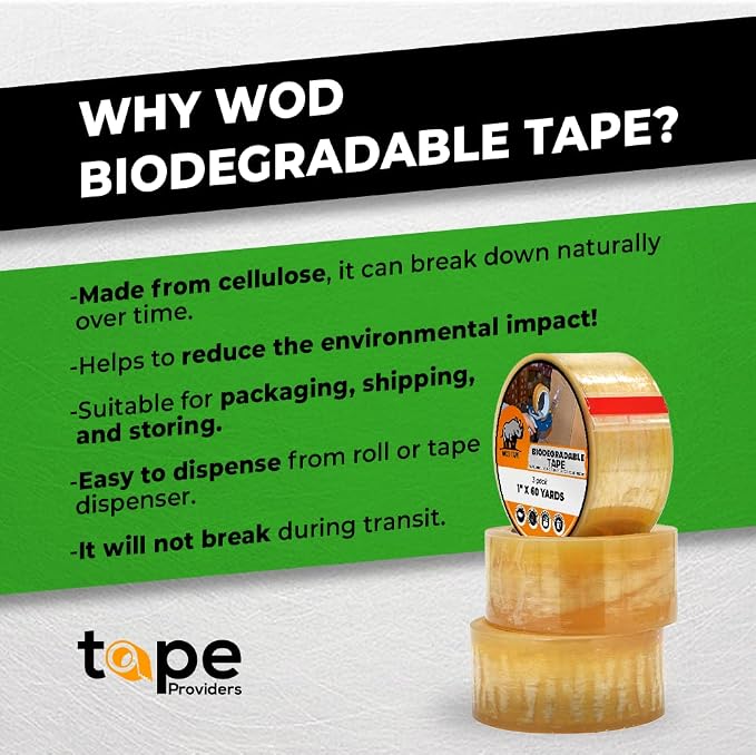WOD BCST Biodegradable Packaging Tape, Clear, 1/2 inch x 72 yds (Pack of 12) Cellophane Stationery Eco Friendly Tape for Carton Sealing, Moving, Shipping, & Office