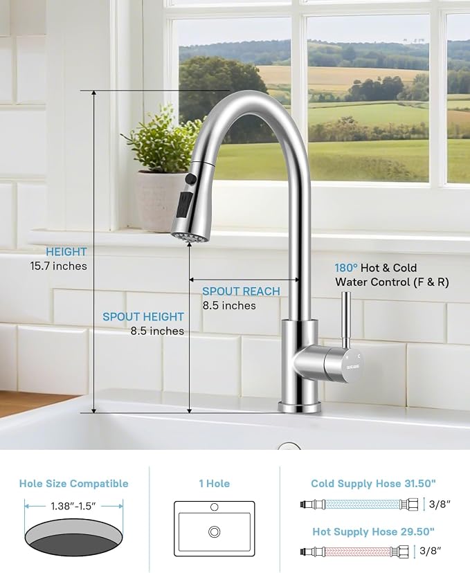 WEWE Kitchen Faucet with Pull Down Sprayer and Soap Dispenser, Polished Chrome High Arc Single Handle Stainless Steel Sink Faucet, Suitable for Farmhouse, RV & Laundry