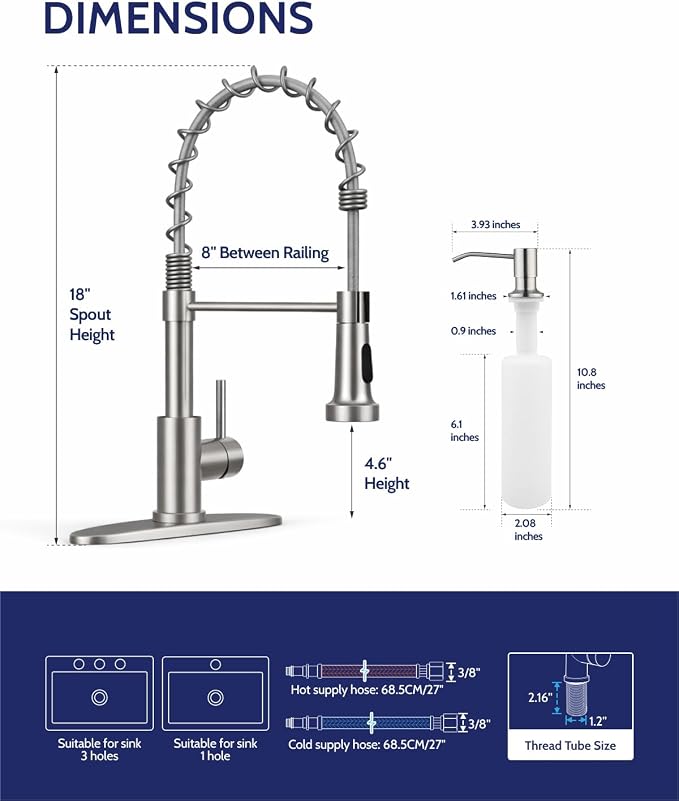 LUFEIDRA Kitchen Faucet with Pull Down Sprayer and Soap Dispenser, High Arc Spring 304 Stainless Steel Single Handle 1 or 3 Hole 2 Mode for Farmhouse RV Camper Laundry Bar Pot Filler (Brushed Nickel)