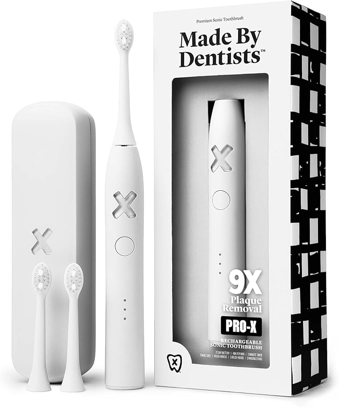 Made by Dentists PRO‑X Sonic Electric Toothbrush for Adults – Dentist‑Designed Whitening Rechargeable Toothbrush, 9 x More Plaque Removal, 70 Day Battery, 3 Modes, Travel Case & Extra Heads, White