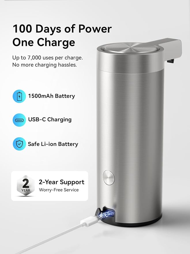 SUNLY Touchless Automatic Soap Dispenser – Clog-Free Pump, 0.2s Fast Sensor, USB-C Rechargeable, Smudge-Resistant Stainless Steel, for Kitchen & Bathroom Soap Dispenser