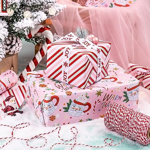 WRAPAHOLIC Reversible Christmas Wrapping Paper - Mini Roll - 17 Inch x 33 Feet - Santa Claus Cup and Stripe Wrapping Paper for Chrsitmas, Holiday, Party Celebration