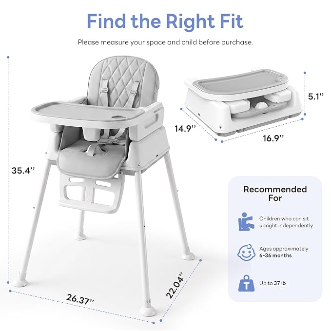 Baby High Chair, 3-in-1 Convertible High Chair for Babies and Toddlers, Built-in Leg Storage, Compact Pack-Away Design, Feeding Chair with Removable Tray, Silla De Comer para Bebe,Gray