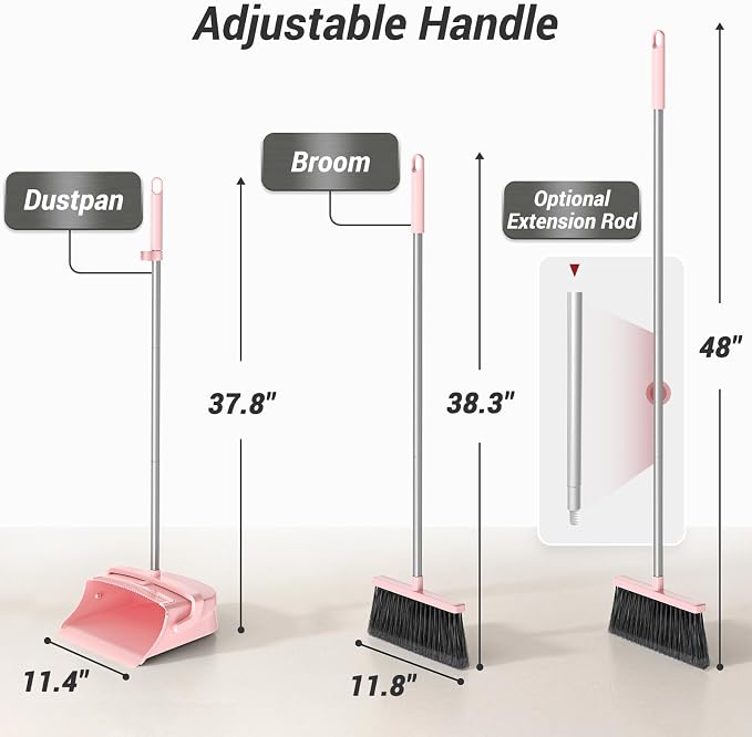 Broom with Dustpan Combo Set, Long Handle Upright Standing Self-Cleaning Broom and Dustpan Set for Pet Hair & Dust Cleanup, Indoor Outdoor Use for Home, Kitchen, Office, Pink