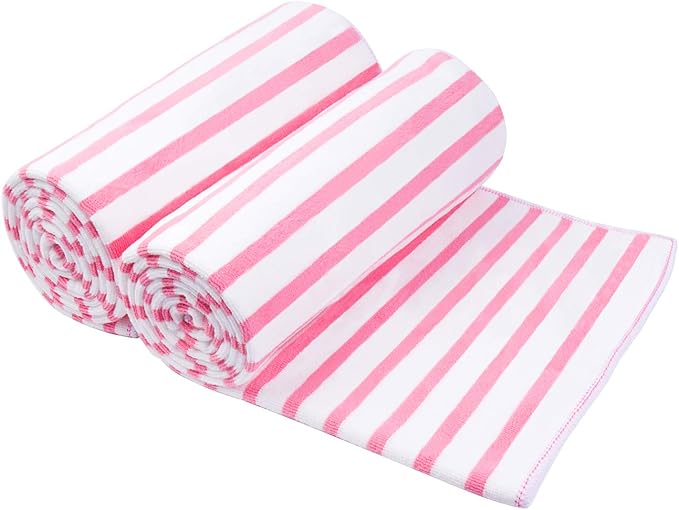 JML Microfiber Bath Towels Set, 2 Pack, 30" x 60", Stripe Pink | Hanging Loop, Soft, Absorbent, Quick Dry, Lint-free, No Fading BeachTowel for Summer Swimming Pool Party