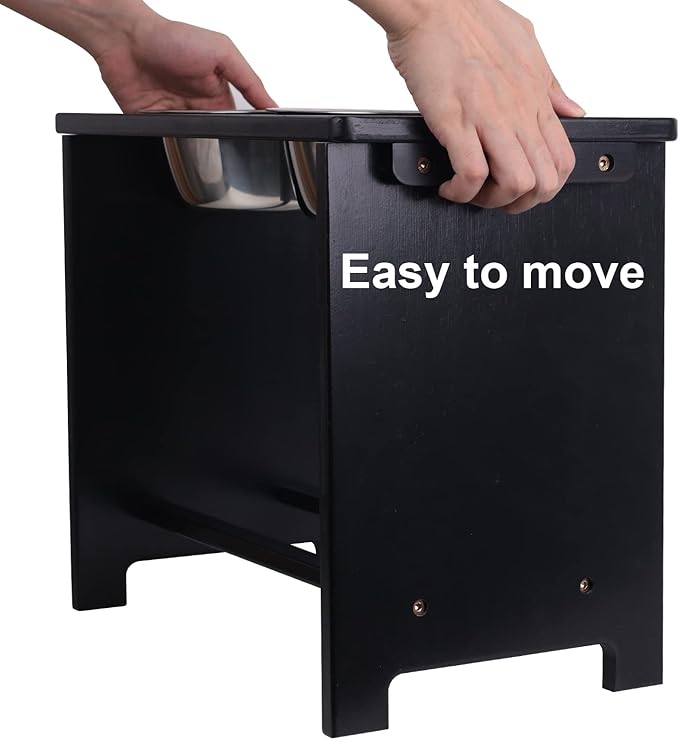 HTB Elevated Dog Bowl Stand with 2 Stainless Steel Bowls-14 H X-Large Black | Raised Dog Bowl Stand, 14"tall, 48 Oz Bowls, for Large Sized Dogs, Pet-safe, Solid Bamboo