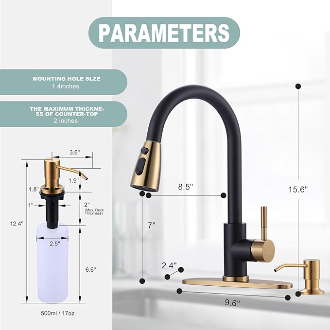 Black and Gold Kitchen Faucet with Soap Dispenser, WOWOW Stainless Steel Kitchen Sink Faucet Single Handle High Arc Utility Sink Faucet for Sink, RV, Laundry, Bar