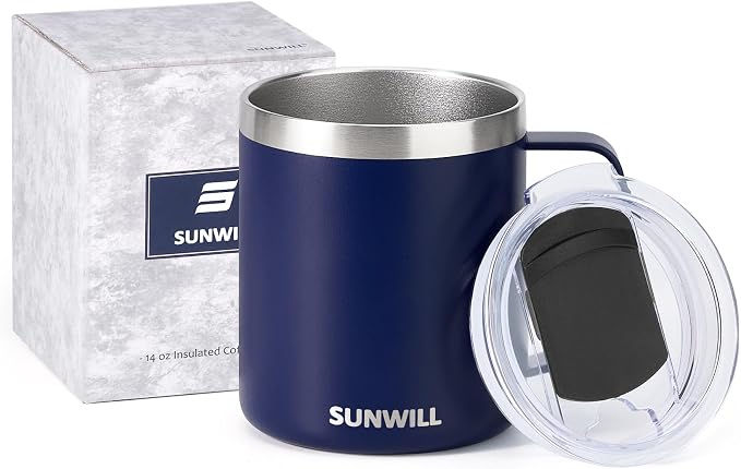 SUNWILL Insulated Coffee Mug, Stainless Steel 14 oz, Splash-Proof Lid | Keeps Drinks Hot & Cold, Powder-Coated Navy Blue Finish, Dishwasher Safe, Ideal for Home & Office