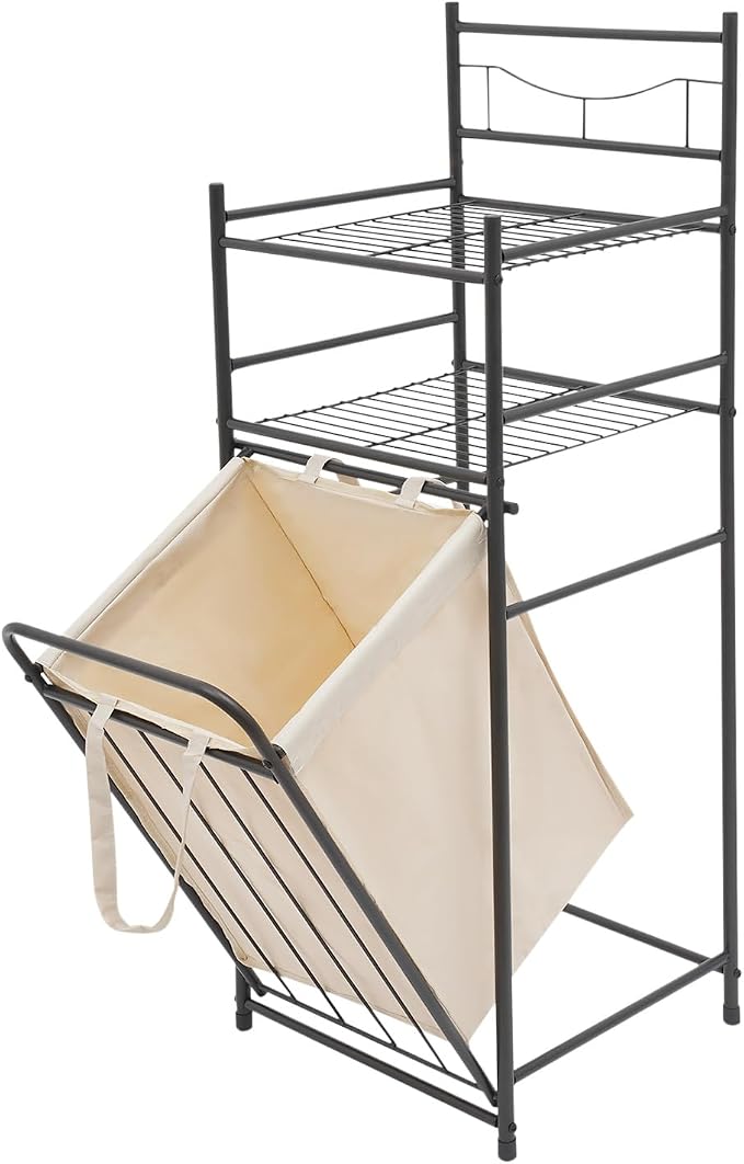 Laundry Hamper with Storage Shelf Vertical Laundry Basket with Pull-Out and Removable Bag Metal Hamper with 2 Storage Shelves for Bathroom Bedroom Dorm