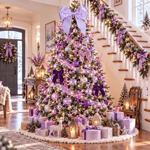 53 Pcs Christmas Tree Decorations Bow Topper Ornaments Christmas Balls Berry Picks Mesh Ribbon Bow Xmas Tree Ornaments for Xmas Home Office Decorations