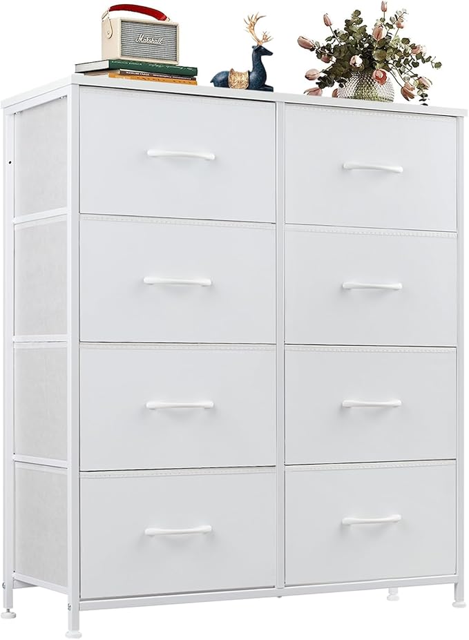 OLIXIS Dresser for Bedroom, 8 Storage Drawers, Tall Large Fabric Storage Tower Organizer, Chest of Drawers with Metal Frame Wooden Top for Nursery, Closet, Living Room, Entryway, White