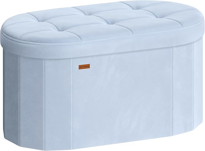 SONGMICS MINOTA Collection - Folding Ottoman with Storage, Oval Storage Ottoman Bench, for Living Room, Bedroom, Velvet Fabric, 15 x 29.9 x 15 Inches, Baby Blue ULSF267QQ01