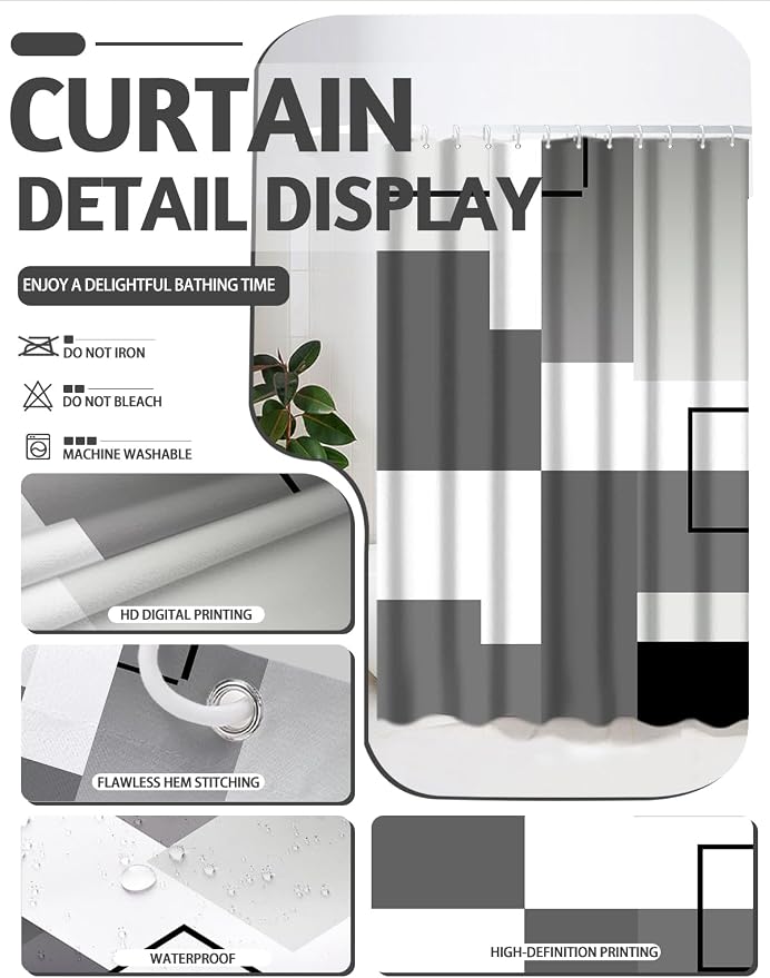 Lnond Grey Bathroom Set, 22-Piece Orange Geometry Bathroom Decor Set with with Shower Curtain and Rugs, Trash Can, Toilet Brush Holder Set & Soap Dispenser