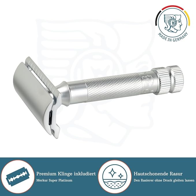MERKUR 34 Double Edge Safety Razor - Matte Chrome | Heavy Duty Knurled Brass Handle | Made in Germany | Plastic-Free | Two Piece Design | Closed Comb | Straight Bar
