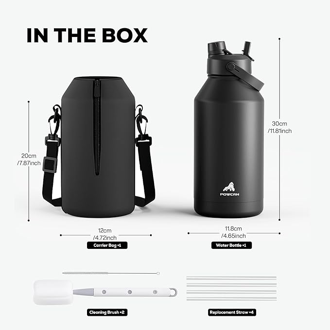 POWCAN 64 oz Insulated Water Bottle for Sports: 2-in-1 Straw & Spout Lid, Leakproof, Carrier Bag, Shoulder Strap, Keep Cold 48H, BPA-Free, Half Gallon Metal Water Jug for Gym, Travel, Gift (Midnight)