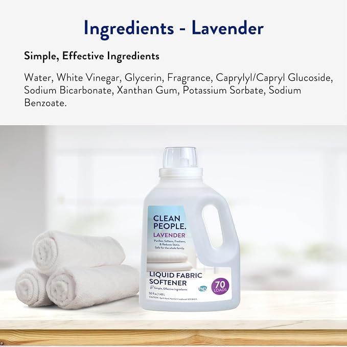 Clean People All Natural Liquid Fabric Softener - Plant-Based, Eco Friendly - Naturally Softens & Removes Static Cling - Vegan - Lavender Scented Laundry Softener - 50 fl oz - 70 loads